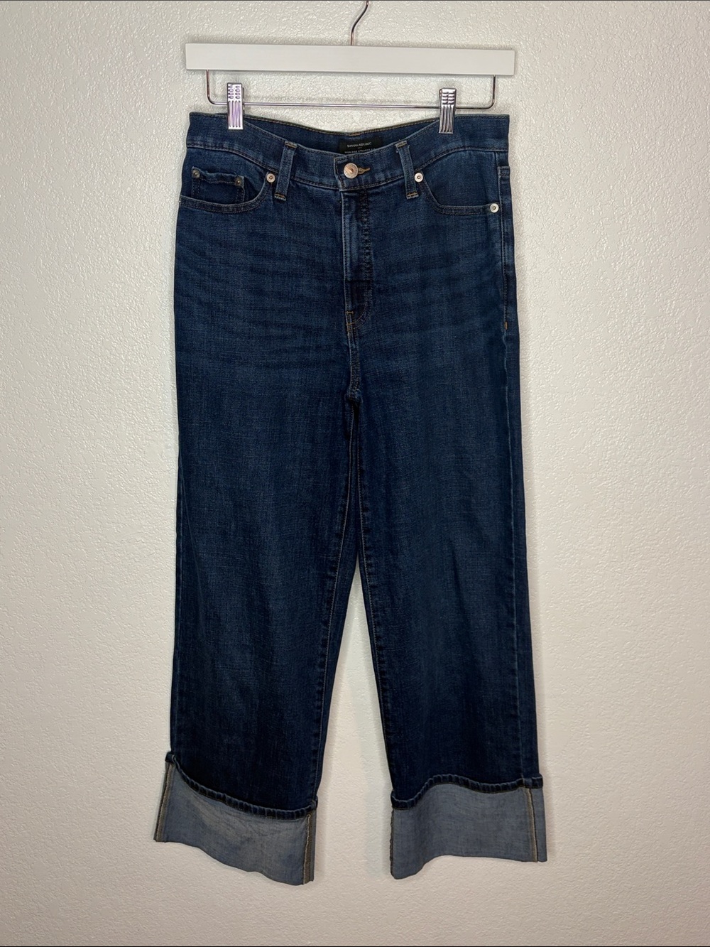 Banana Republic Dark Wash Big Cuff High Rise Straight Fit Wide Leg Crop Jeans 28